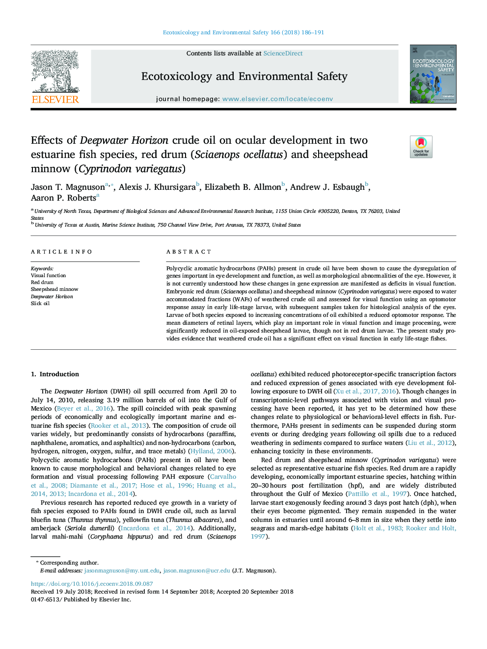 Effects of Deepwater Horizon crude oil on ocular development in two estuarine fish species, red drum (Sciaenops ocellatus) and sheepshead minnow (Cyprinodon variegatus)