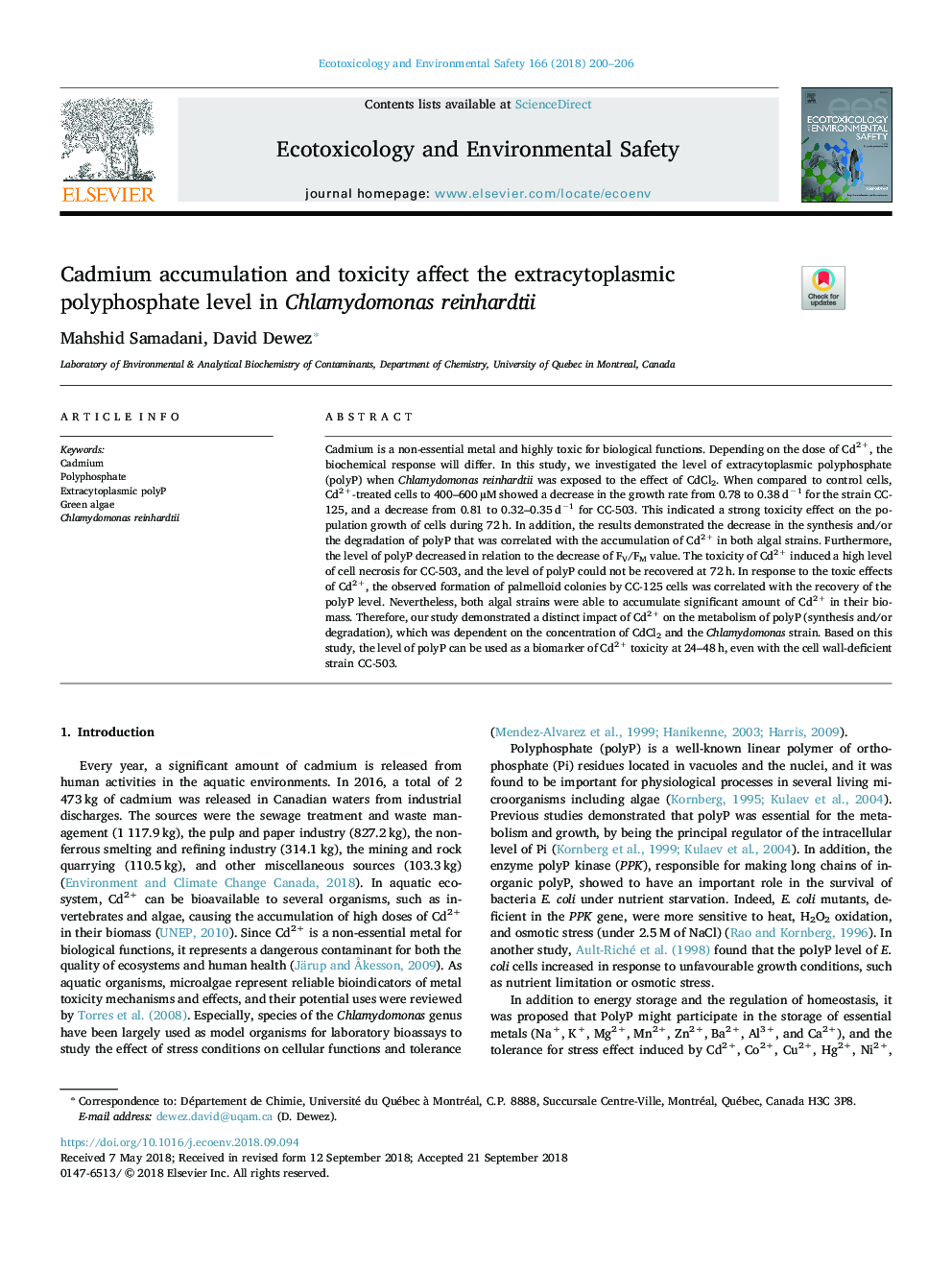 Cadmium accumulation and toxicity affect the extracytoplasmic polyphosphate level in Chlamydomonas reinhardtii