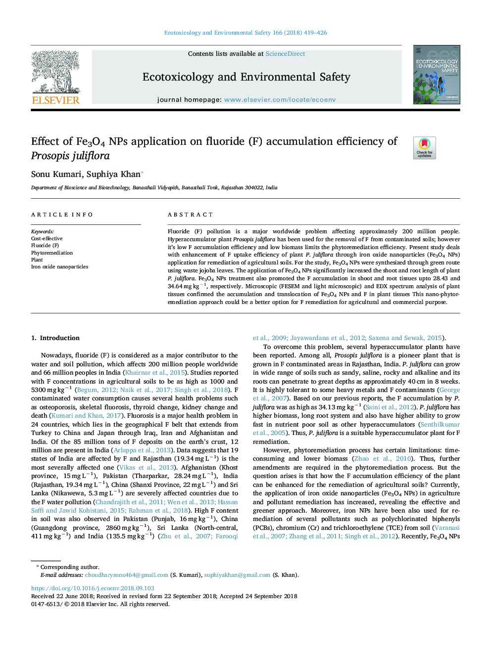 Effect of Fe3O4 NPs application on fluoride (F) accumulation efficiency of Prosopis juliflora