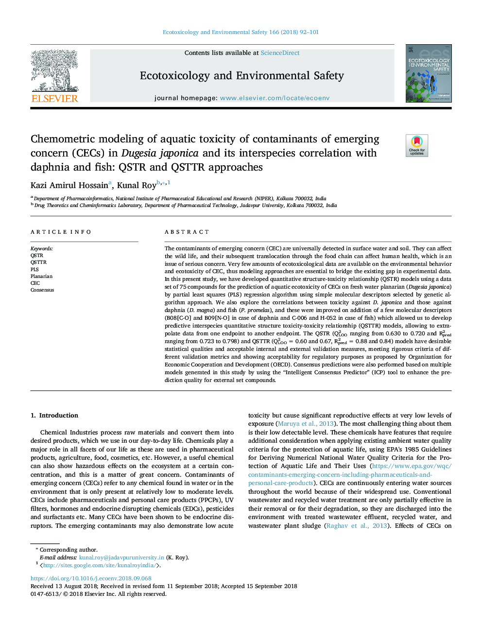 Chemometric modeling of aquatic toxicity of contaminants of emerging concern (CECs) in Dugesia japonica and its interspecies correlation with daphnia and fish: QSTR and QSTTR approaches