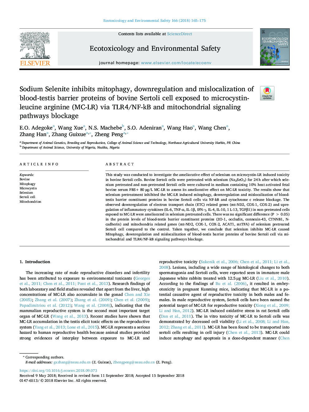 Sodium Selenite inhibits mitophagy, downregulation and mislocalization of blood-testis barrier proteins of bovine Sertoli cell exposed to microcystin-leucine arginine (MC-LR) via TLR4/NF-kB and mitochondrial signaling pathways blockage