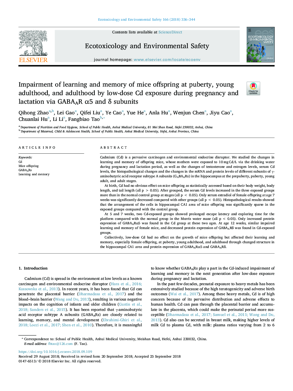 Impairment of learning and memory of mice offspring at puberty, young adulthood, and adulthood by low-dose Cd exposure during pregnancy and lactation via GABAAR Î±5 and Î´ subunits