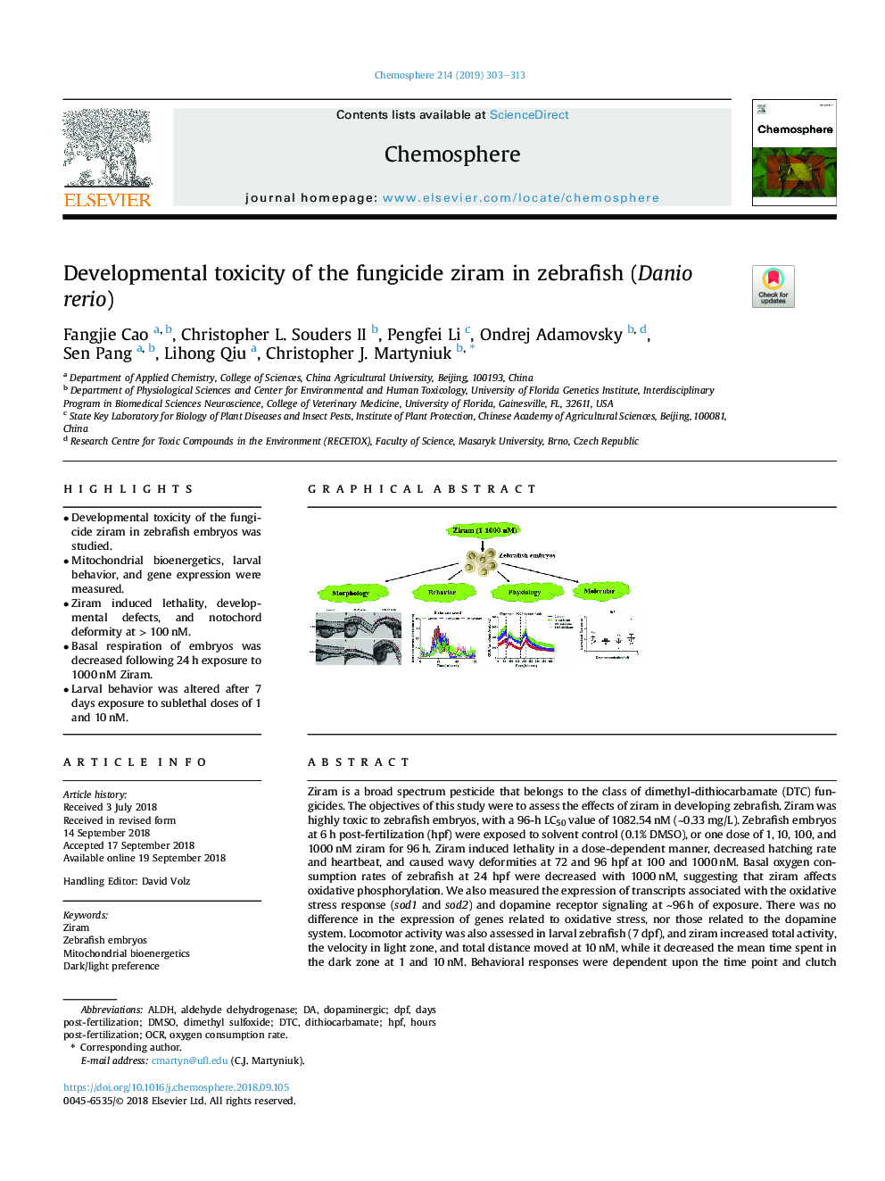 Developmental toxicity of the fungicide ziram in zebrafish (Danio rerio)