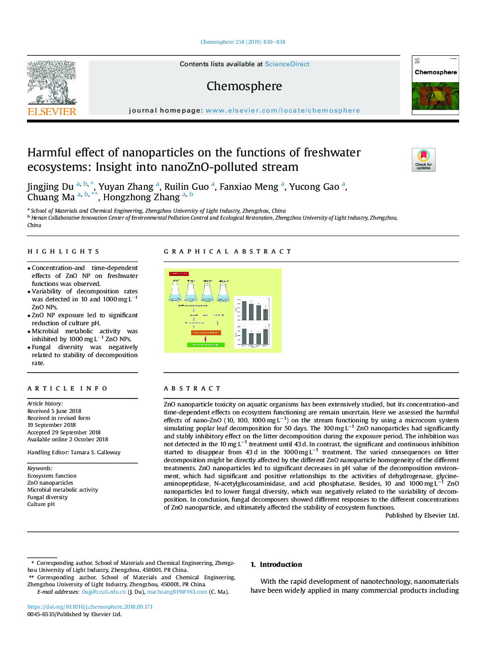 Harmful effect of nanoparticles on the functions of freshwater ecosystems: Insight into nanoZnO-polluted stream