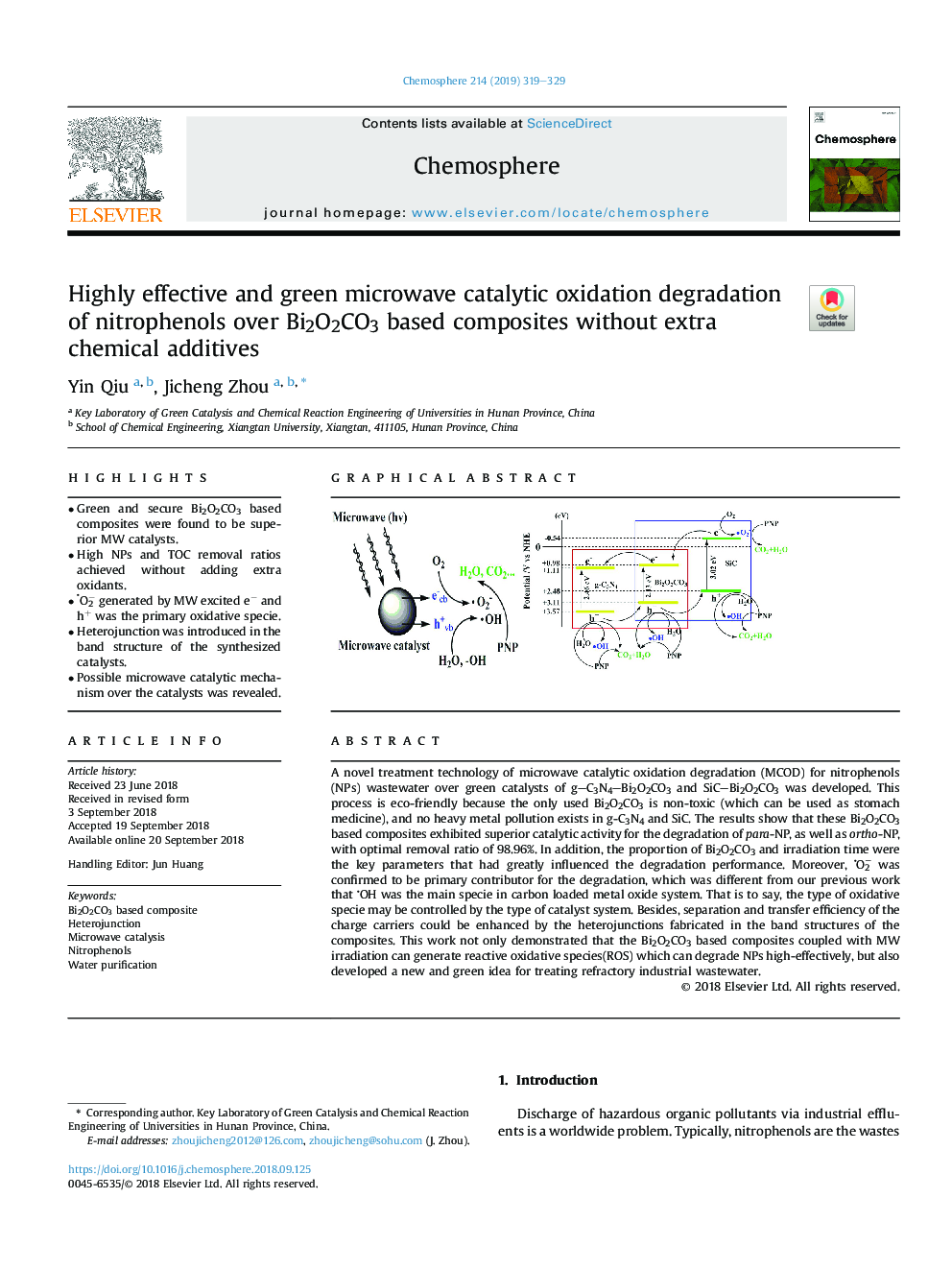 Highly effective and green microwave catalytic oxidation degradation of nitrophenols over Bi2O2CO3 based composites without extra chemical additives