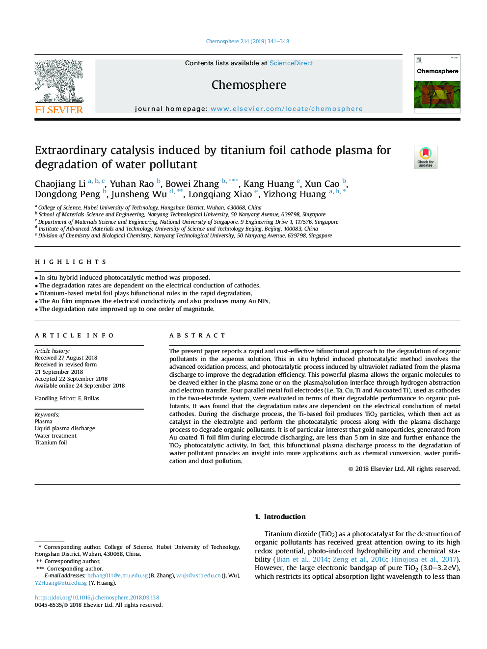 Extraordinary catalysis induced by titanium foil cathode plasma for degradation of water pollutant