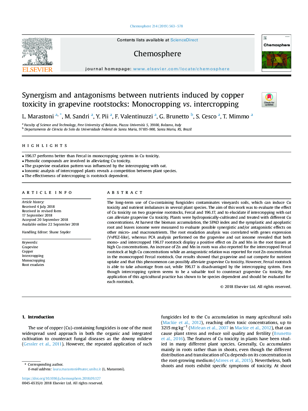 Synergism and antagonisms between nutrients induced by copper toxicity in grapevine rootstocks: Monocropping vs. intercropping