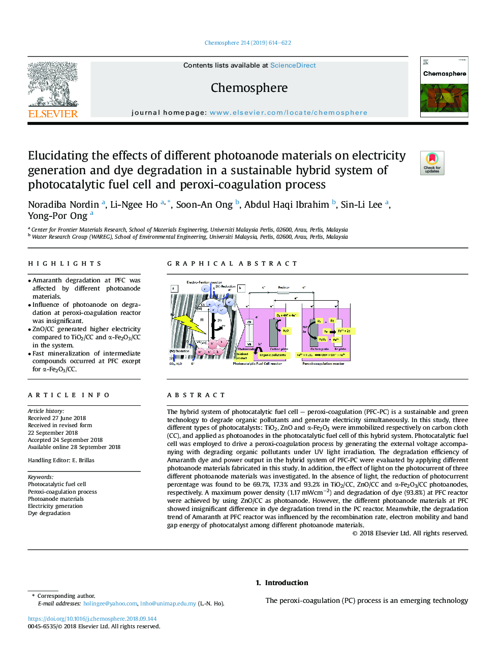 Elucidating the effects of different photoanode materials on electricity generation and dye degradation in a sustainable hybrid system of photocatalytic fuel cell and peroxi-coagulation process