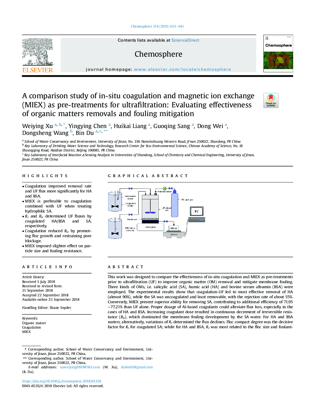 A comparison study of in-situ coagulation and magnetic ion exchange (MIEX) as pre-treatments for ultrafiltration: Evaluating effectiveness of organic matters removals and fouling mitigation