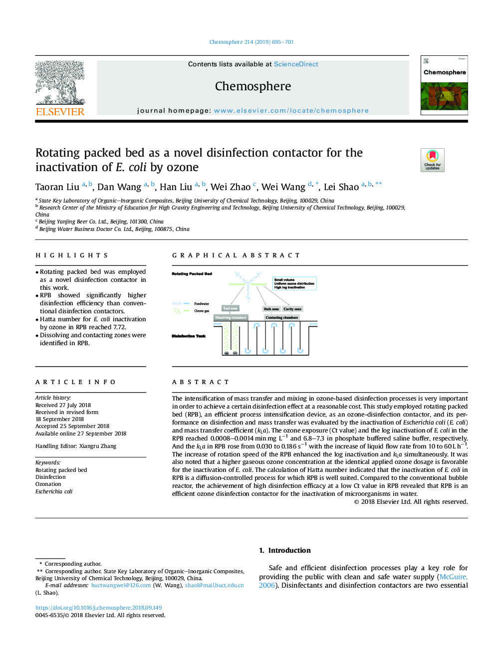 Rotating packed bed as a novel disinfection contactor for the inactivation of E.Â coli by ozone