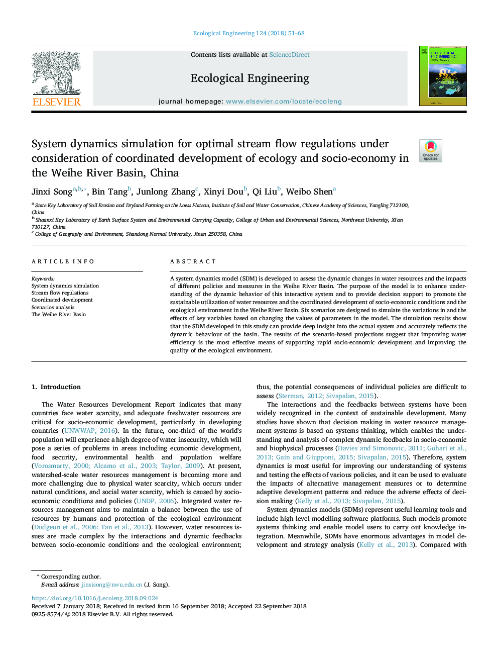 System dynamics simulation for optimal stream flow regulations under consideration of coordinated development of ecology and socio-economy in the Weihe River Basin, China