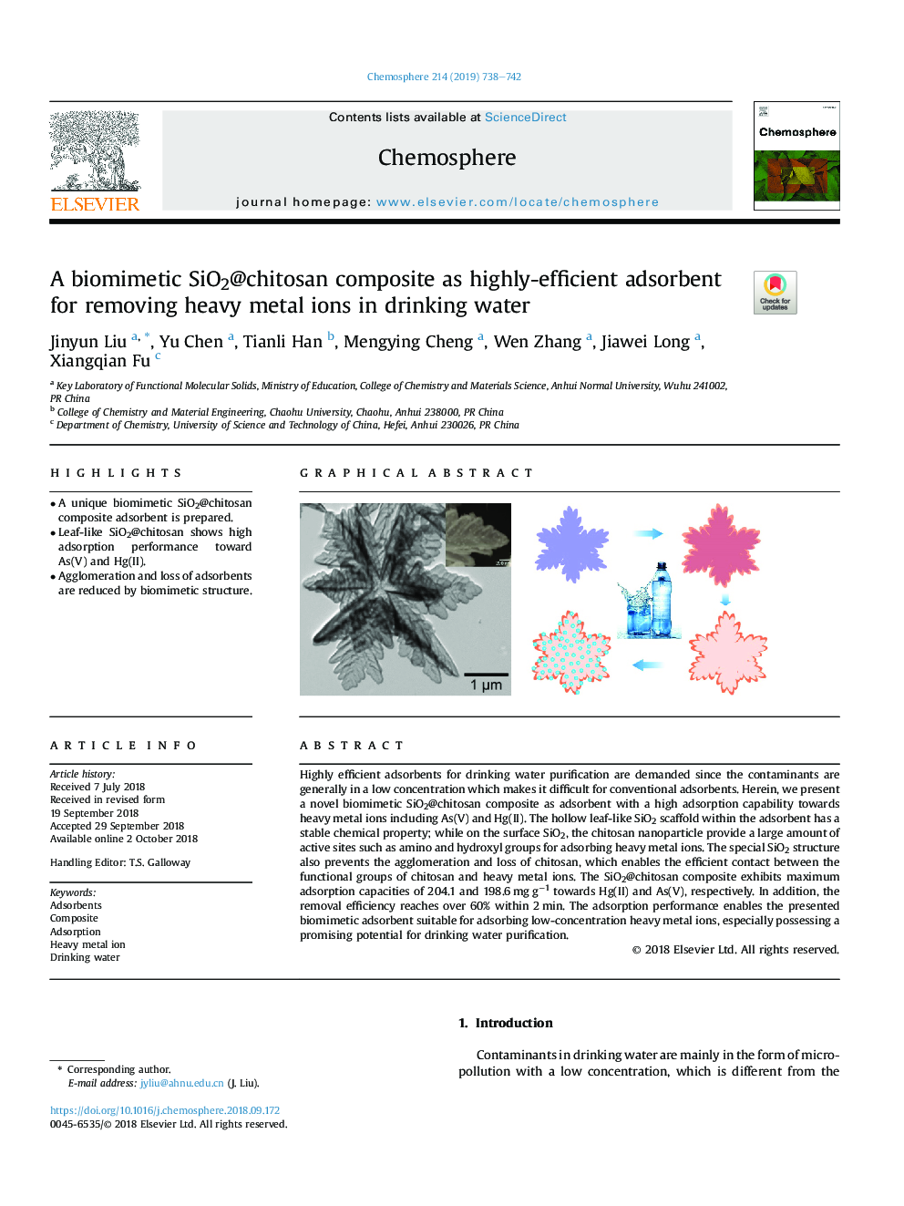 A biomimetic SiO2@chitosan composite as highly-efficient adsorbent for removing heavy metal ions in drinking water