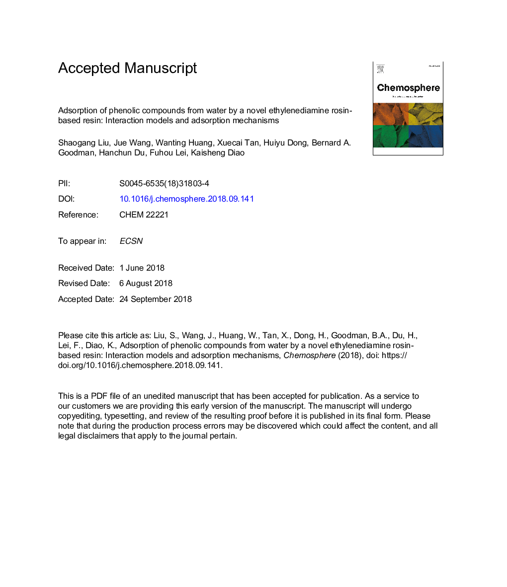 جذب ترکیبات فنلی از آب توسط یک رزین بر اساس رزین اتیلنیدامین رزین: مدلهای تعامل و مکانیزم جذب