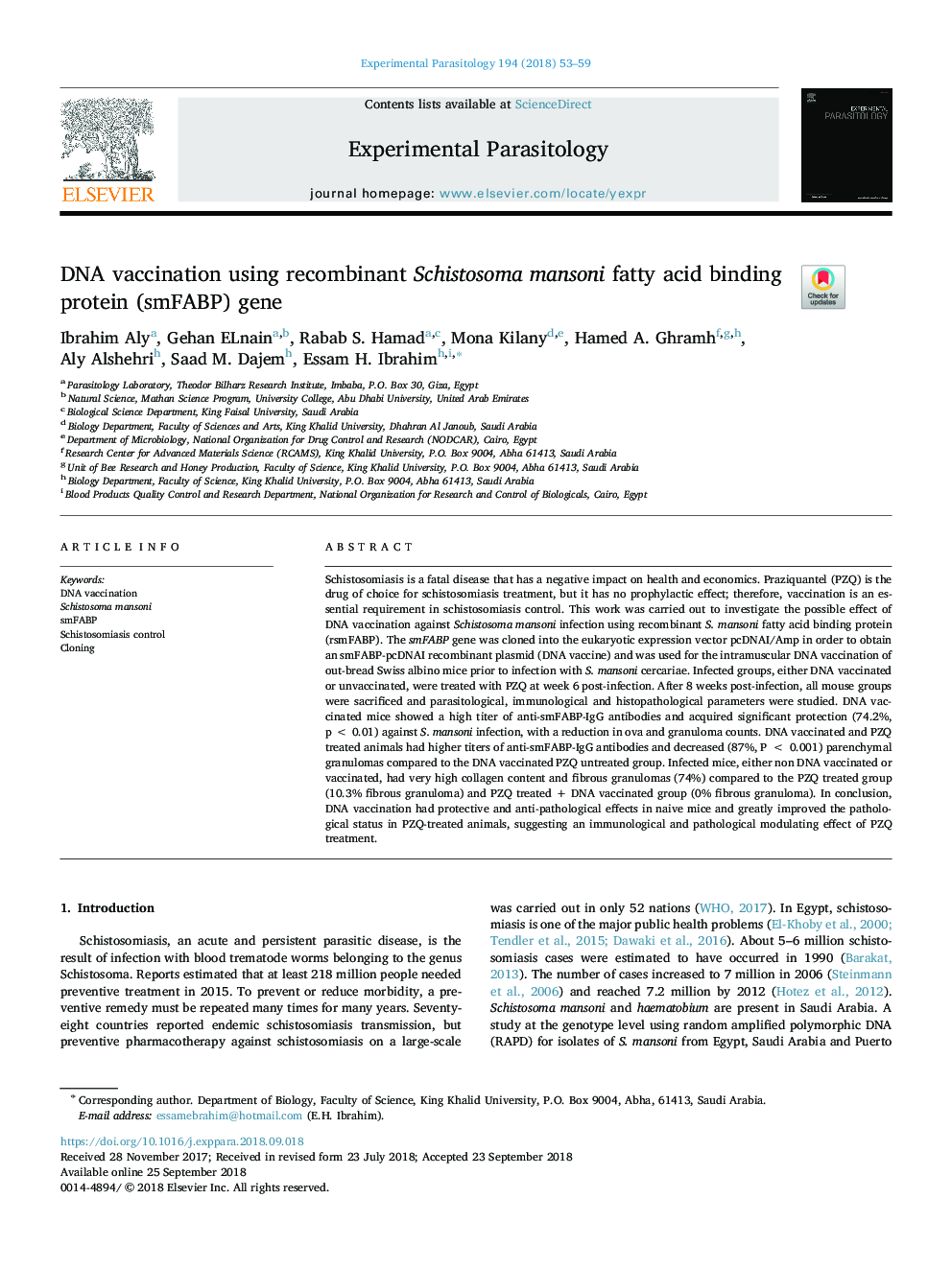 DNA vaccination using recombinant Schistosoma mansoni fatty acid binding protein (smFABP) gene