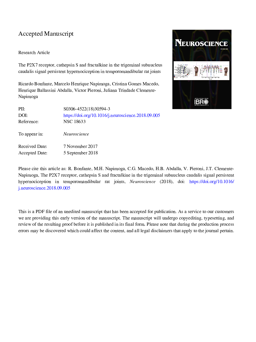 The P2X7 Receptor, Cathepsin S and Fractalkine in the Trigeminal Subnucleus Caudalis Signal Persistent Hypernociception in Temporomandibular Rat Joints