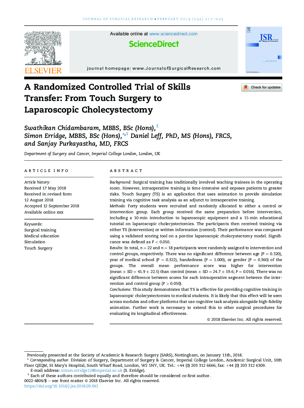 A Randomized Controlled Trial of Skills Transfer:Â From Touch Surgery to LaparoscopicÂ Cholecystectomy