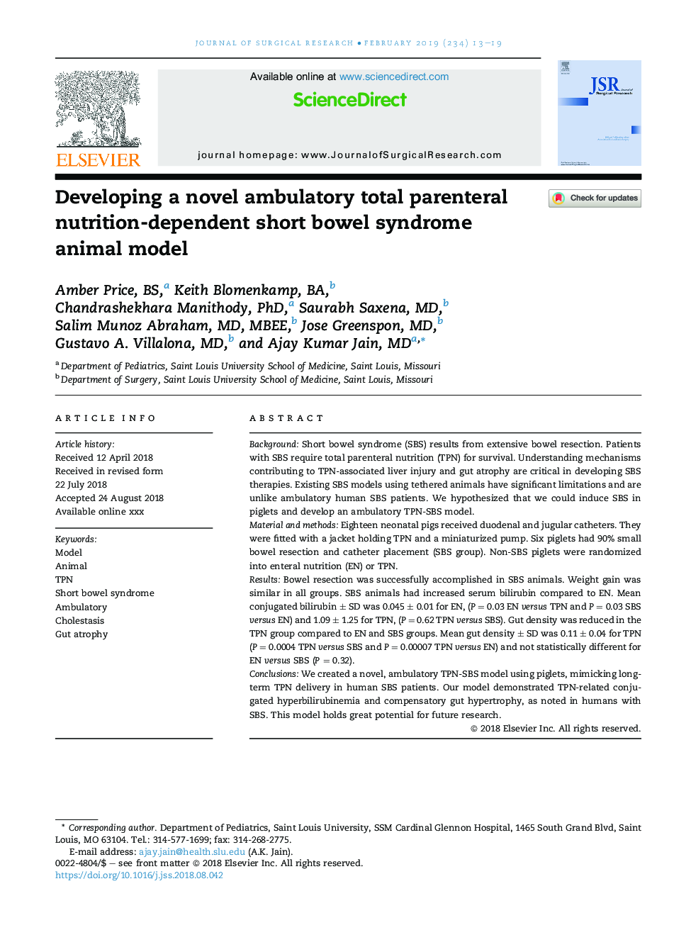 Developing a novel ambulatory total parenteral nutrition-dependent short bowel syndrome animal model