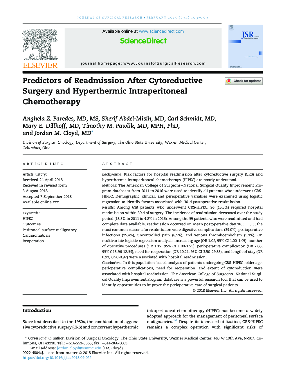 Predictors of Readmission After Cytoreductive Surgery and Hyperthermic Intraperitoneal Chemotherapy