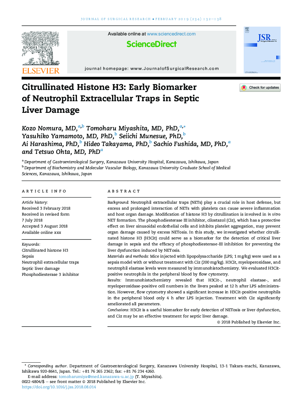 Citrullinated Histone H3: Early Biomarker ofÂ Neutrophil Extracellular Traps in Septic LiverÂ Damage