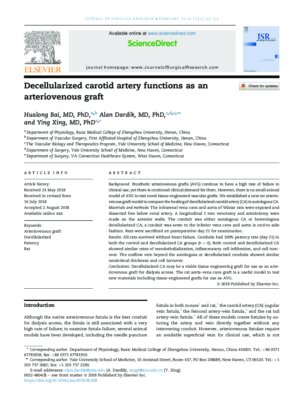 Decellularized carotid artery functions as an arteriovenous graft