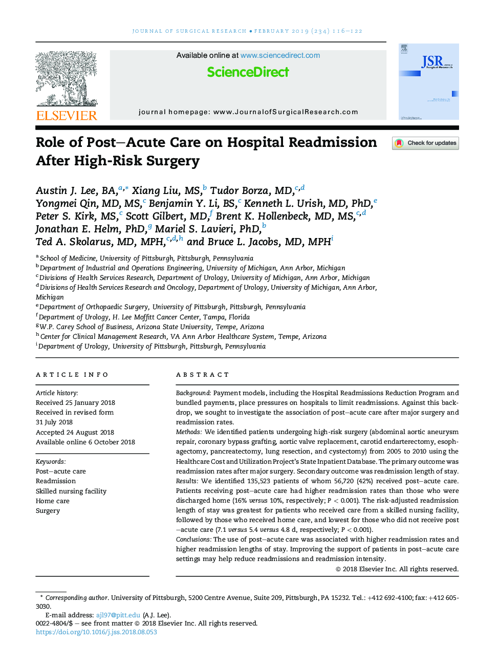 Role of Post-Acute Care on Hospital Readmission After High-Risk Surgery