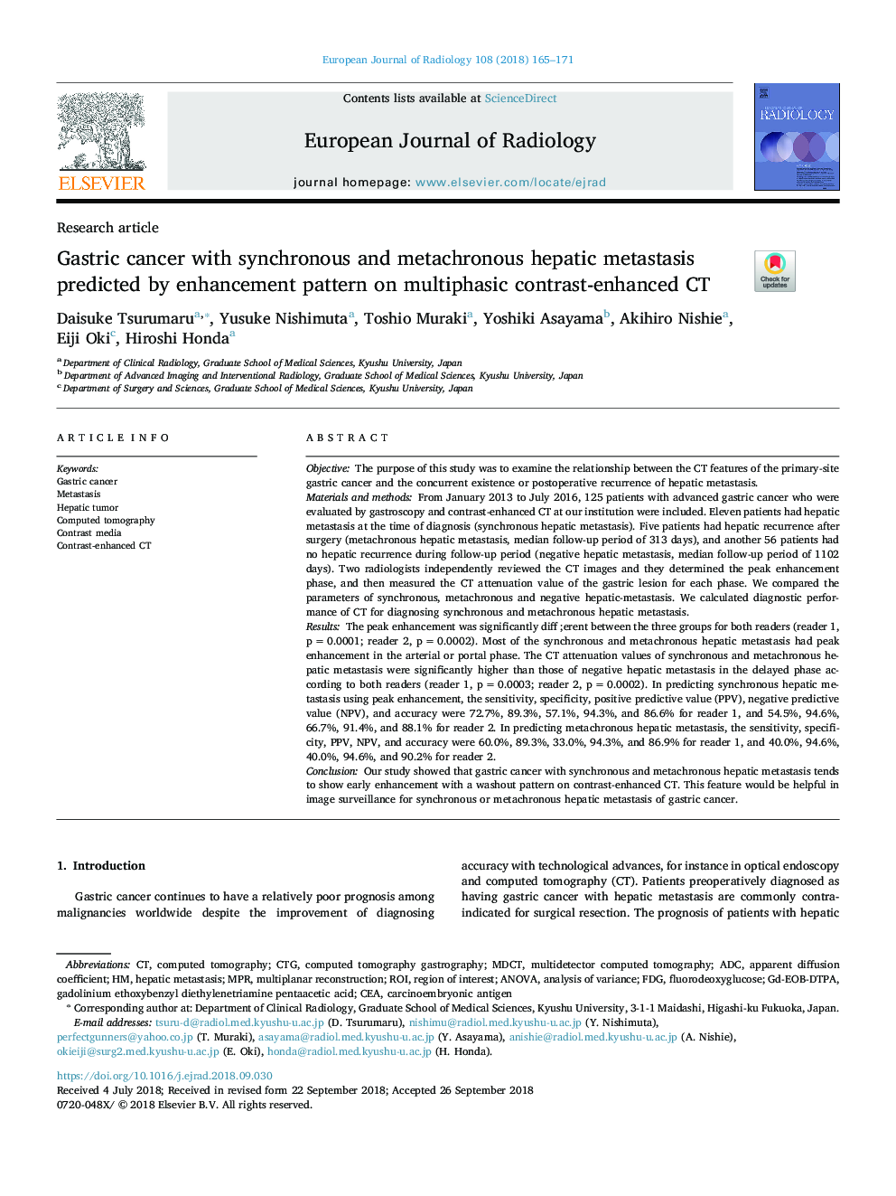 Gastric cancer with synchronous and metachronous hepatic metastasis predicted by enhancement pattern on multiphasic contrast-enhanced CT