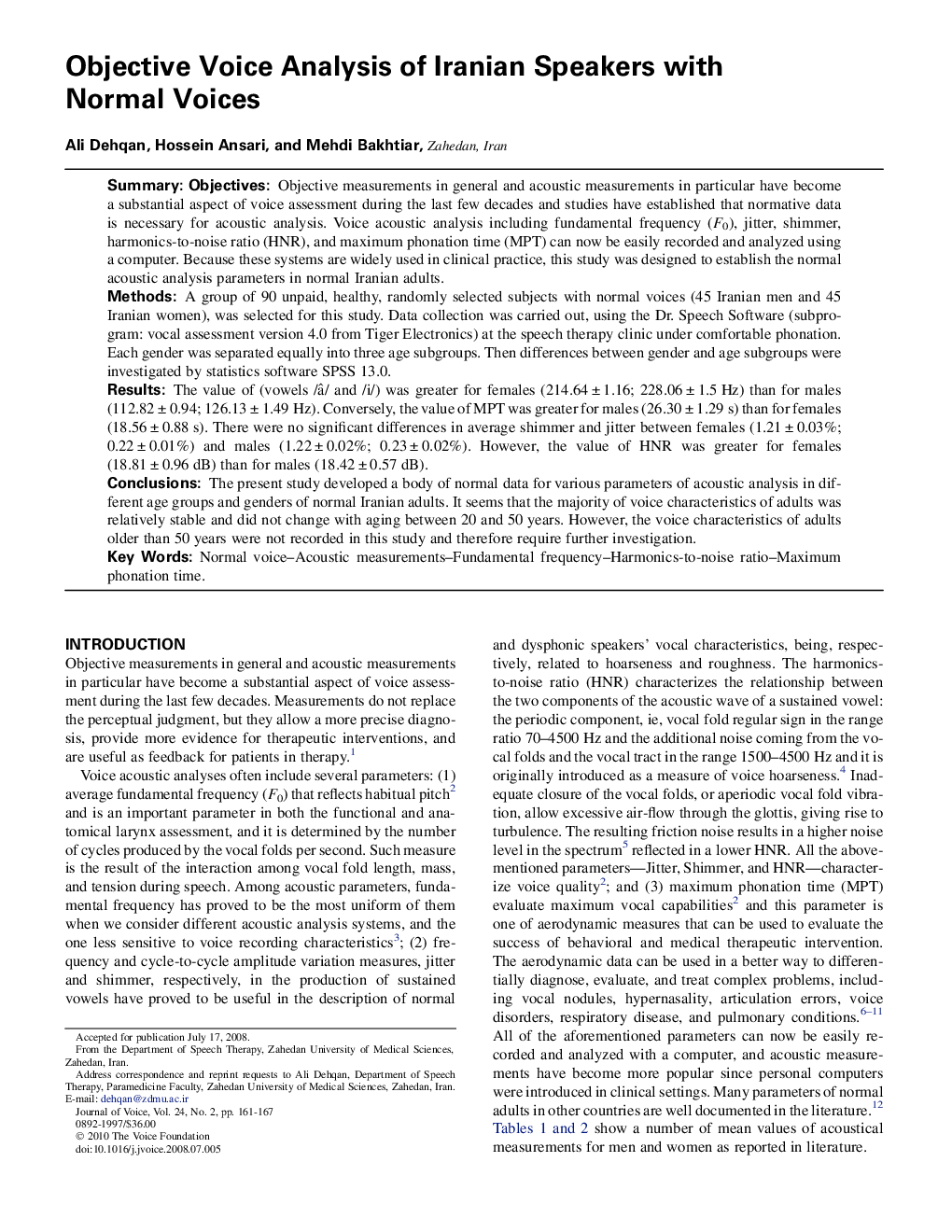 Objective Voice Analysis of Iranian Speakers with Normal Voices