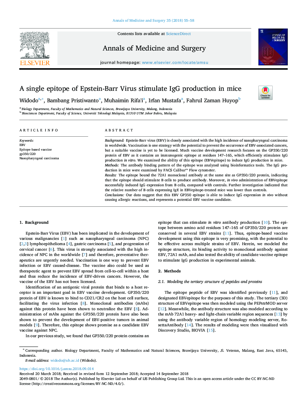 عکس صفحه اول مقاله: A single epitope of Epstein-Barr Virus stimulate IgG production in mice A single epitope of Epstein-Barr Virus stimulate IgG production in mice