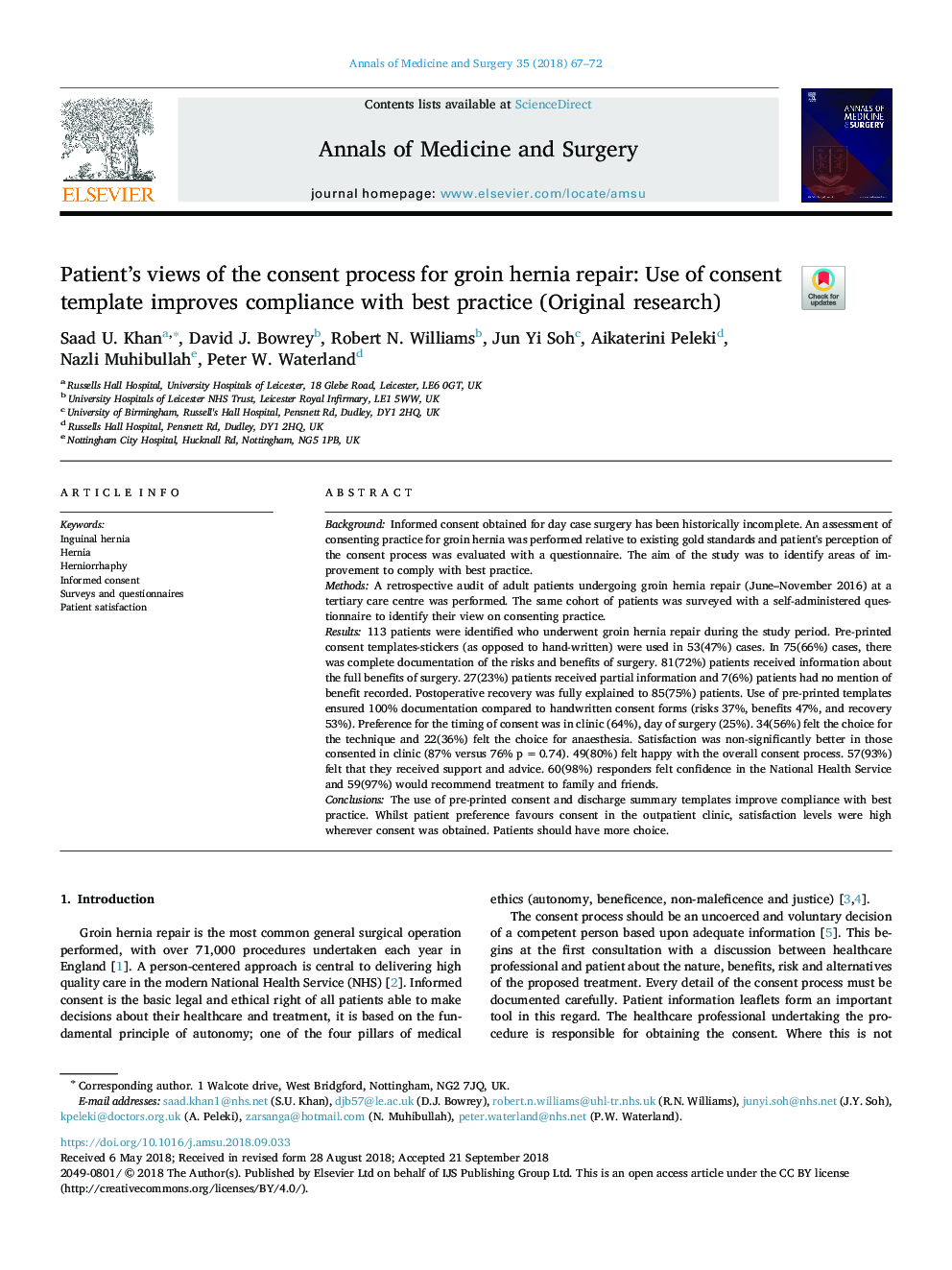 Patient's views of the consent process for groin hernia repair: Use of consent template improves compliance with best practice (Original research)