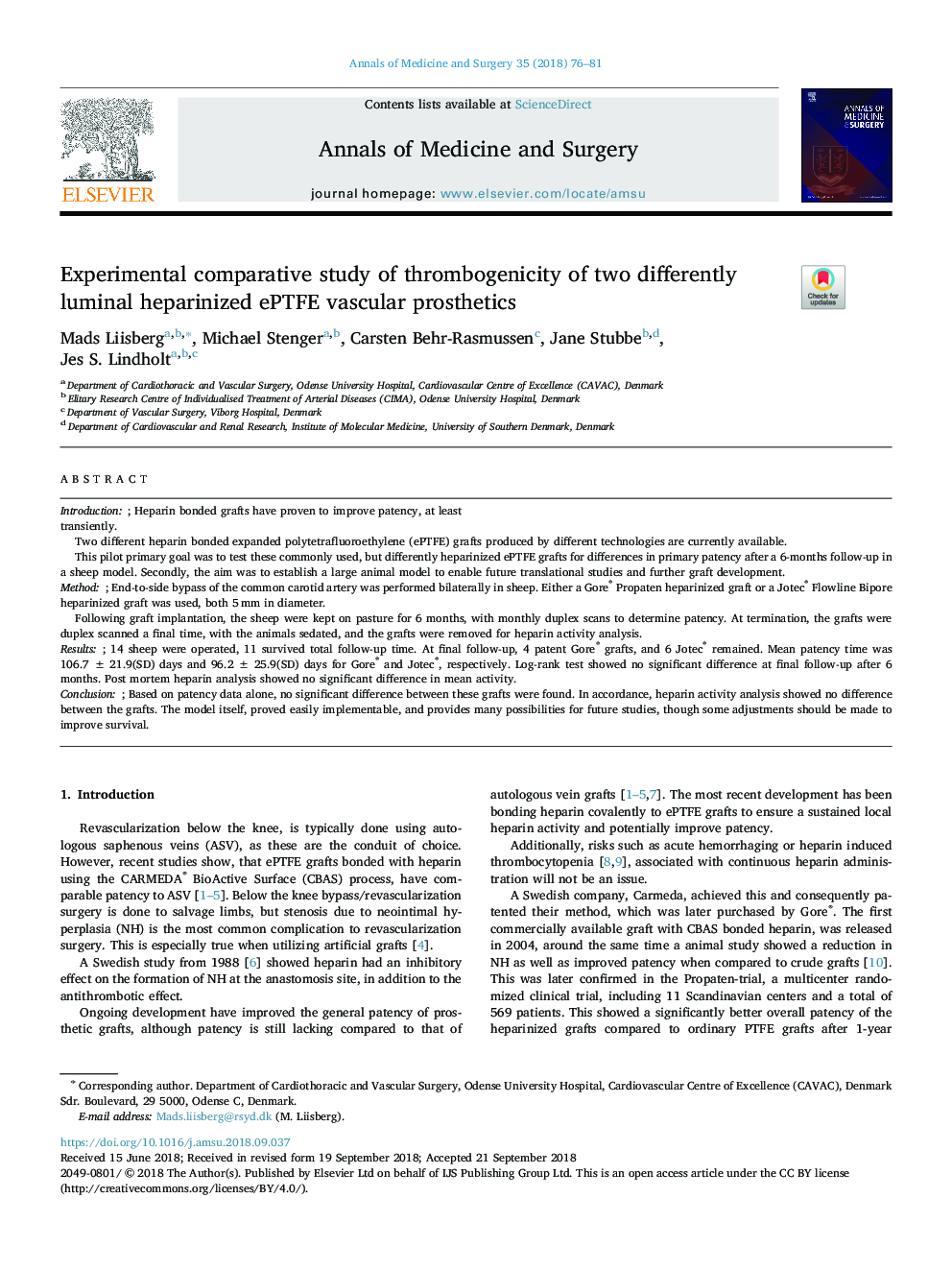 Experimental comparative study of thrombogenicity of two differently luminal heparinized ePTFE vascular prosthetics