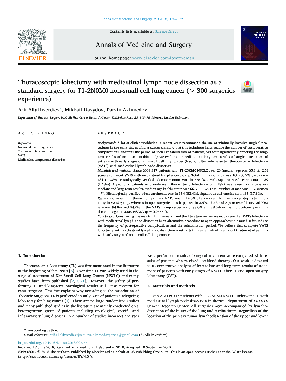 Thoracoscopic lobectomy with mediastinal lymph node dissection as a standard surgery for T1-2N0M0 non-small cell lung cancer (>300 surgeries experience)