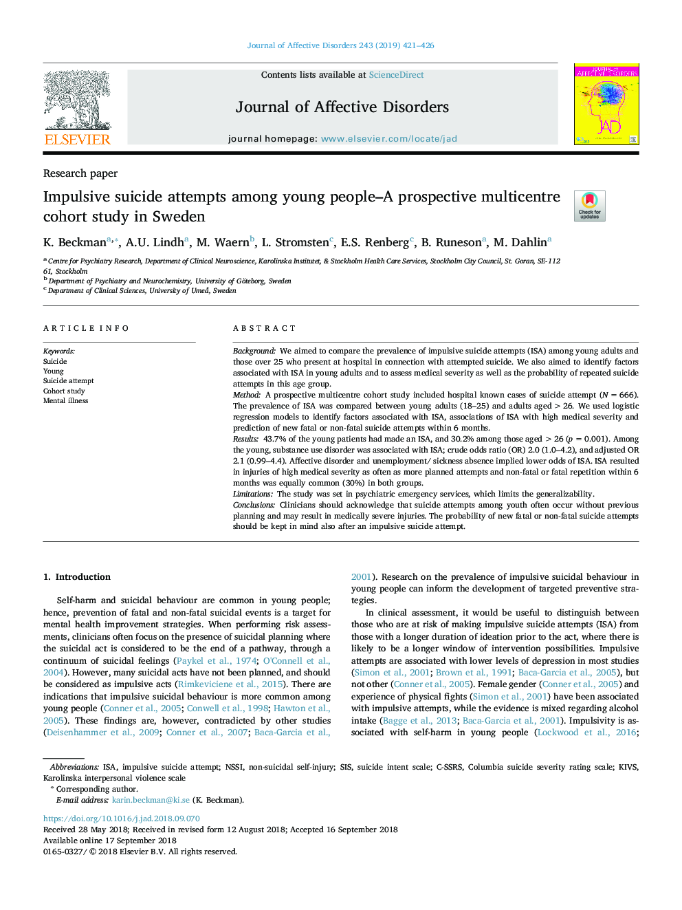 Impulsive suicide attempts among young people-A prospective multicentre cohort study in Sweden