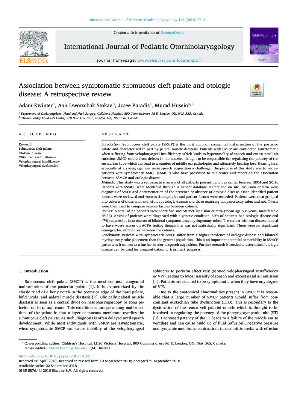 Association between symptomatic submucous cleft palate and otologic disease: A retrospective review