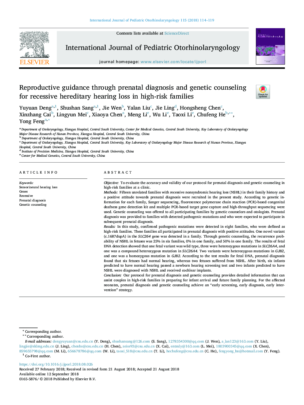 Reproductive guidance through prenatal diagnosis and genetic counseling for recessive hereditary hearing loss in high-risk families