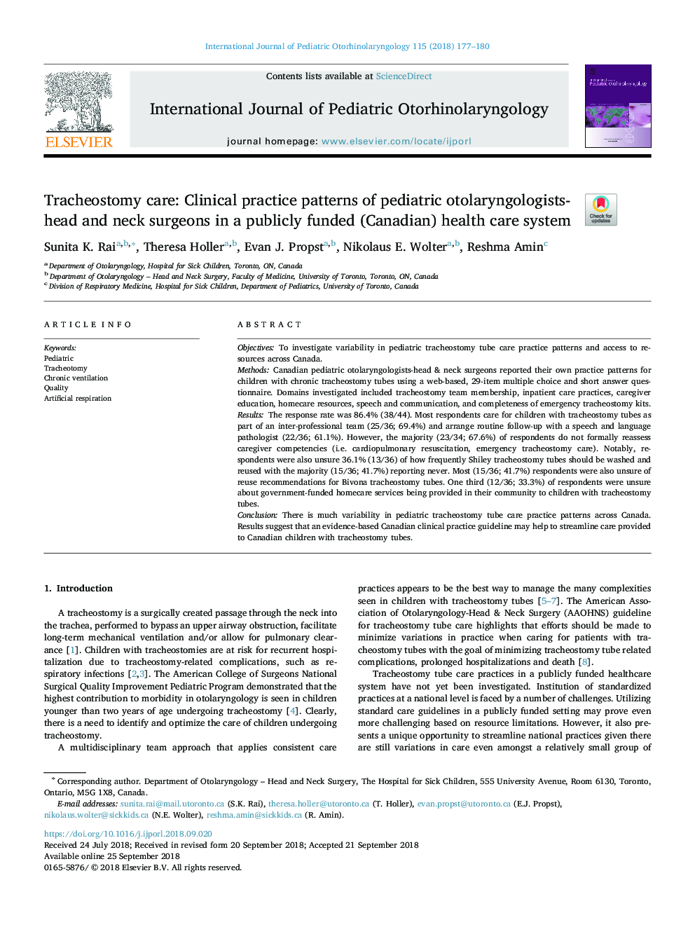 Tracheostomy care: Clinical practice patterns of pediatric otolaryngologists-head and neck surgeons in a publicly funded (Canadian) health care system