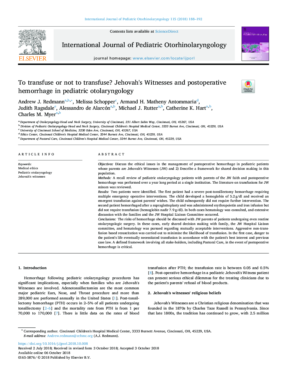 To transfuse or not to transfuse? Jehovah's Witnesses and postoperative hemorrhage in pediatric otolaryngology