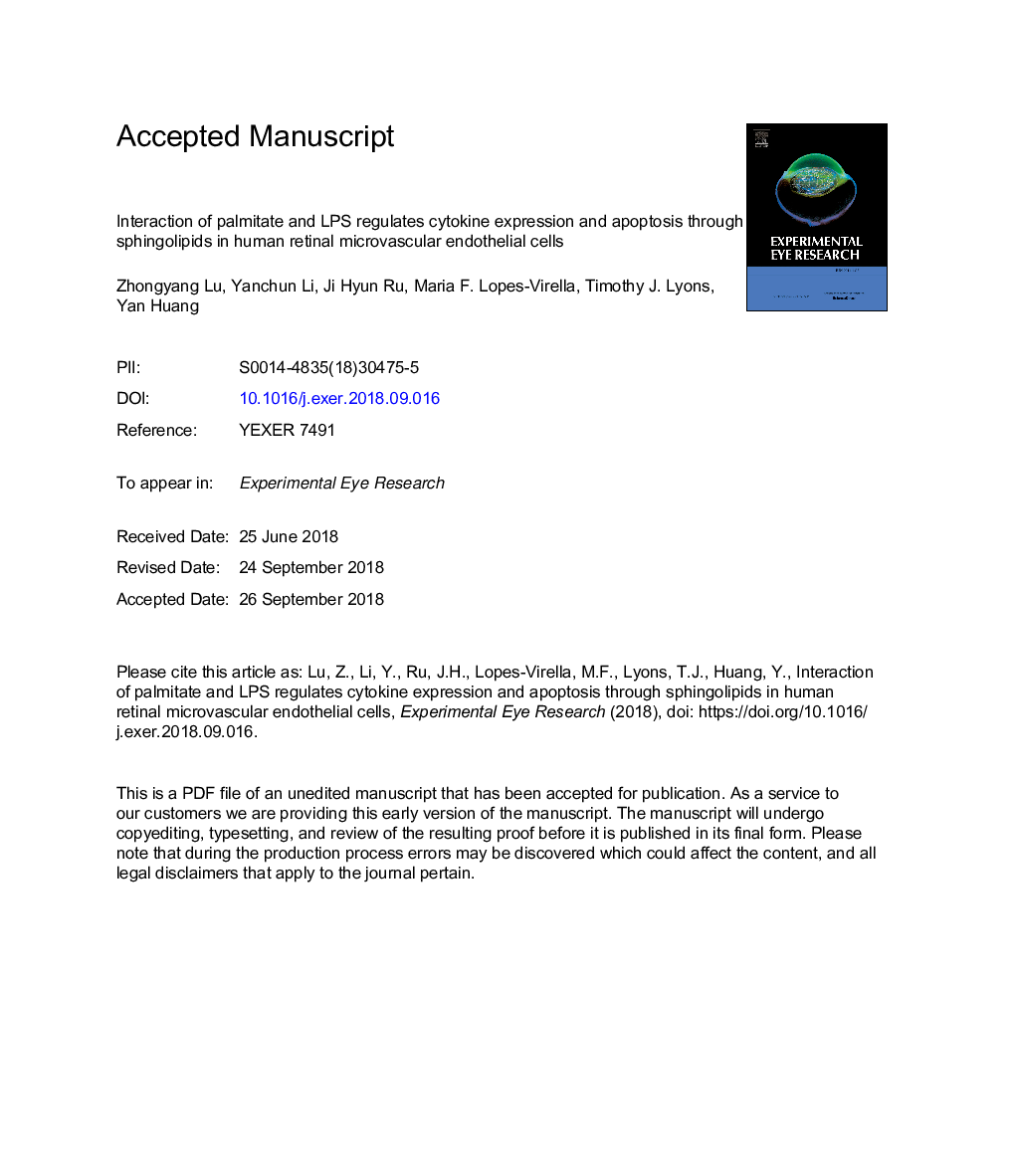 Interaction of palmitate and LPS regulates cytokine expression and apoptosis through sphingolipids in human retinal microvascular endothelial cells