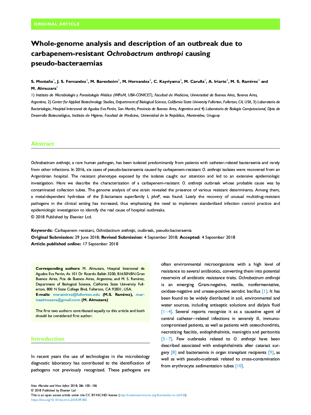 Whole-genome analysis and description of an outbreak due to carbapenem-resistant Ochrobactrum anthropi causing pseudo-bacteraemias