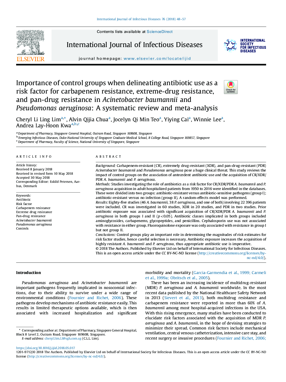 Importance of control groups when delineating antibiotic use as a risk factor for carbapenem resistance, extreme-drug resistance, and pan-drug resistance in Acinetobacter baumannii and Pseudomonas aeruginosa: A systematic review and meta-analysis