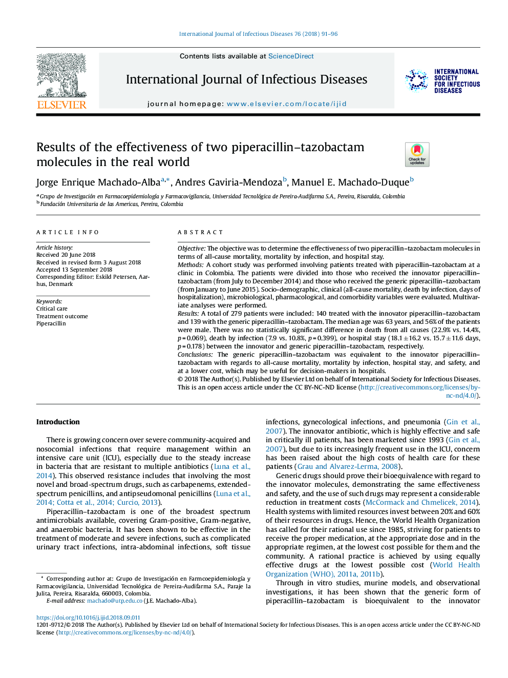 Results of the effectiveness of two piperacillin-tazobactam molecules in the real world