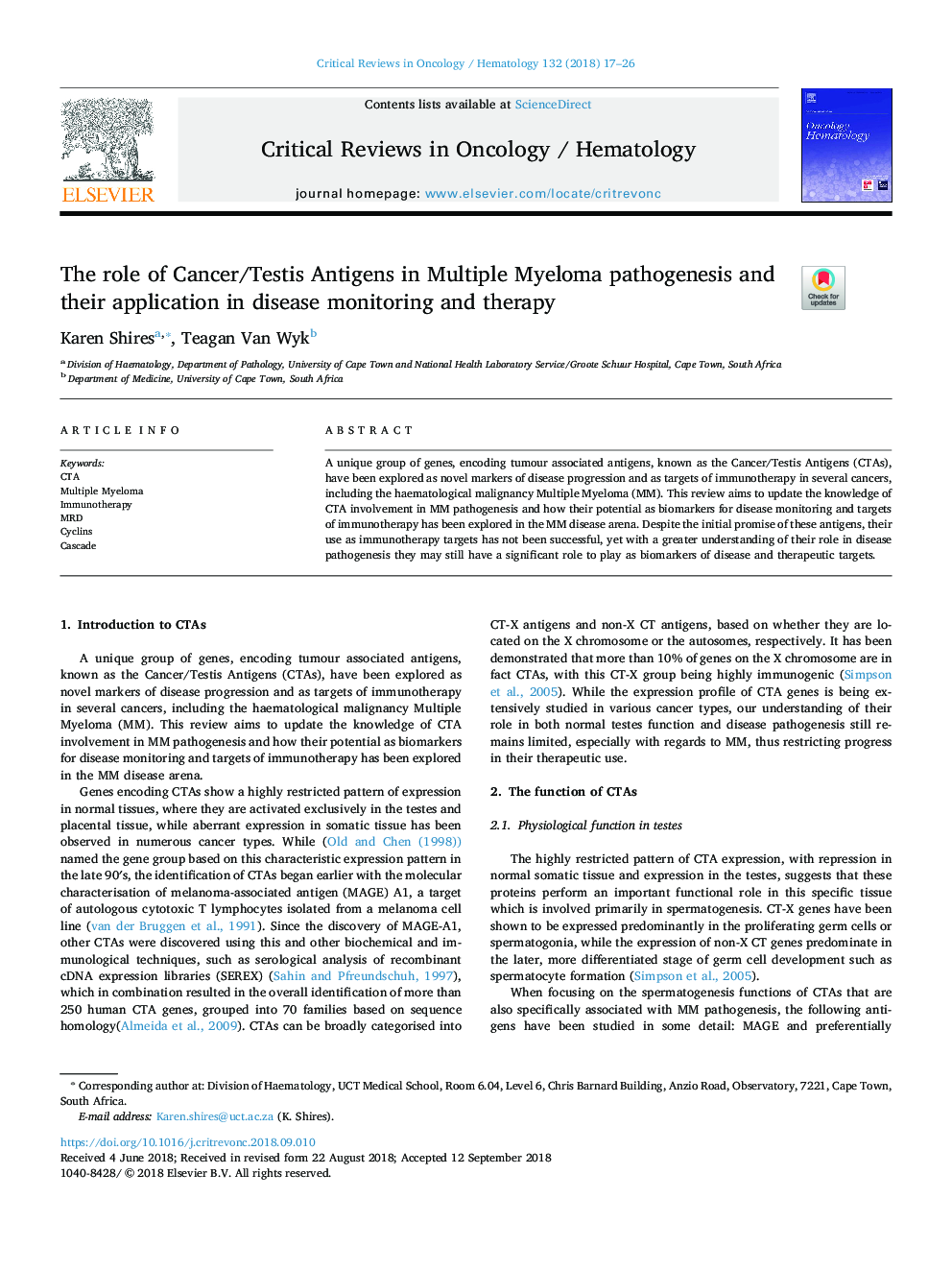 The role of Cancer/Testis Antigens in Multiple Myeloma pathogenesis and their application in disease monitoring and therapy