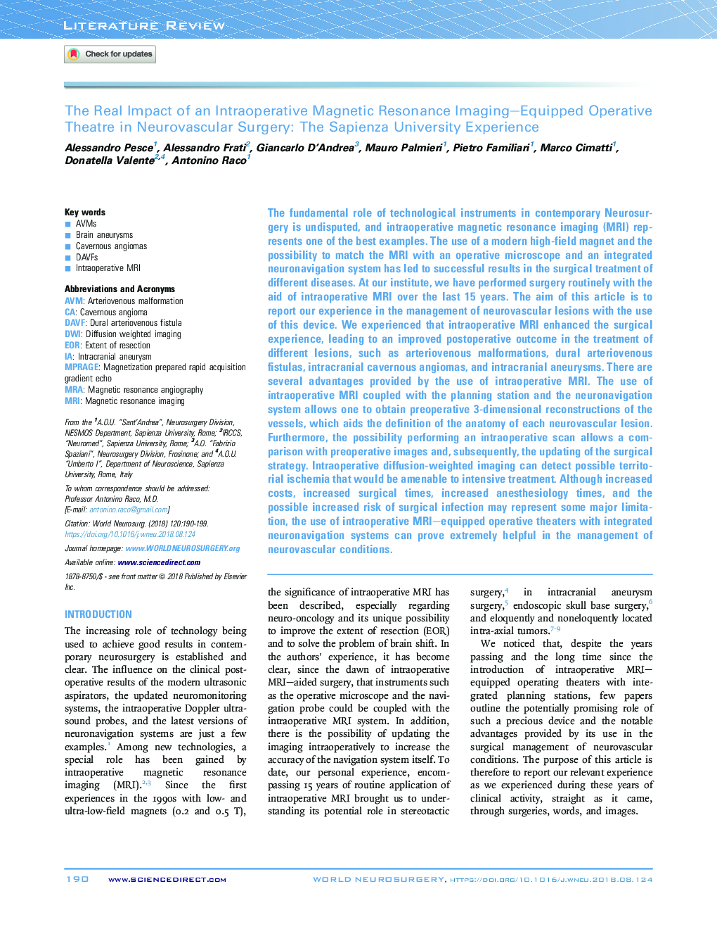 The Real Impact of an Intraoperative Magnetic Resonance Imaging-Equipped Operative Theatre in Neurovascular Surgery: The Sapienza University Experience