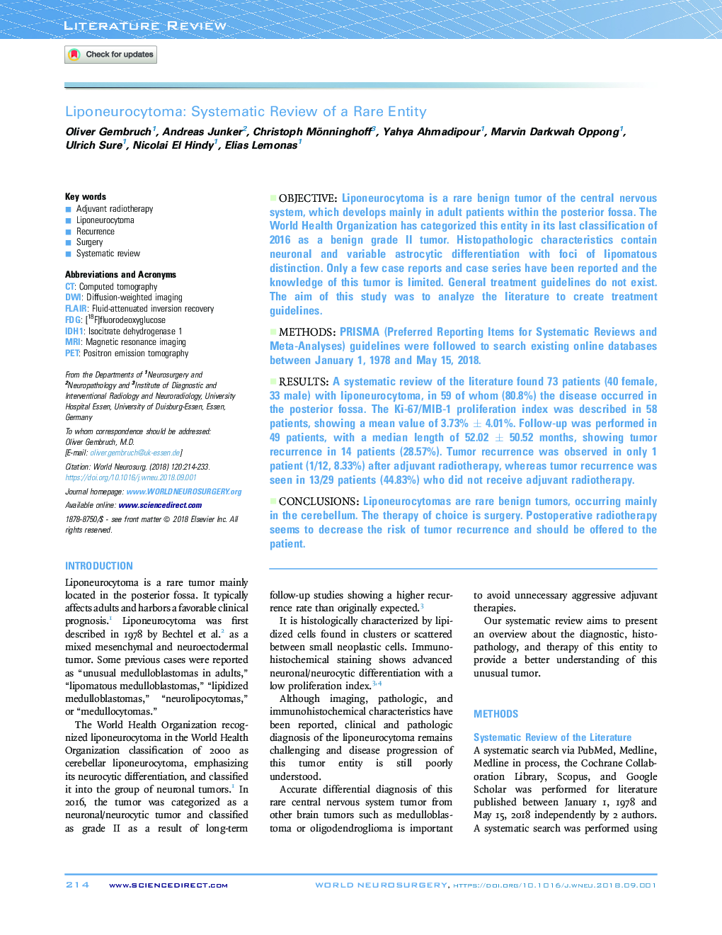 Liponeurocytoma: Systematic Review of a Rare Entity