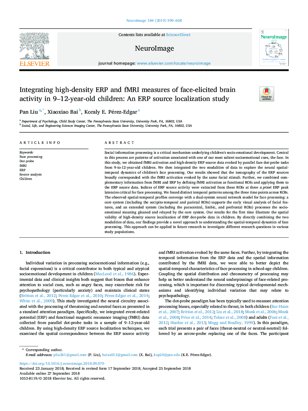 Integrating high-density ERP and fMRI measures of face-elicited brain activity in 9-12-year-old children: An ERP source localization study