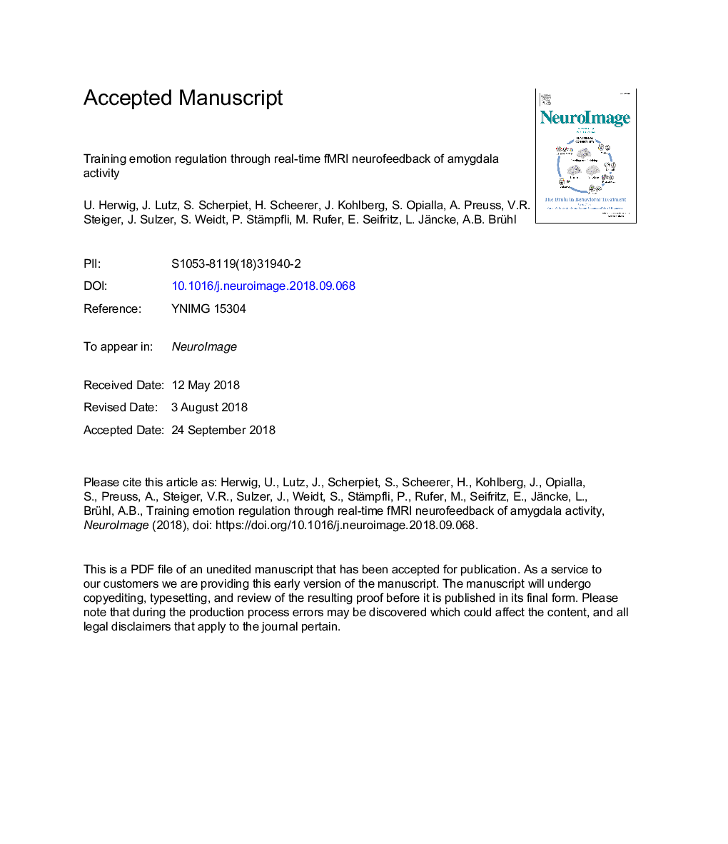 Training emotion regulation through real-time fMRI neurofeedback of amygdala activity