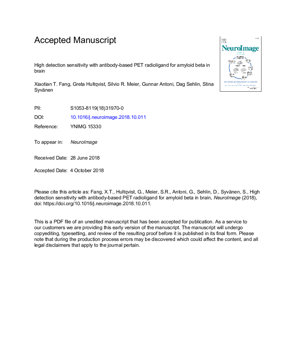 High detection sensitivity with antibody-based PET radioligand for amyloid beta in brain