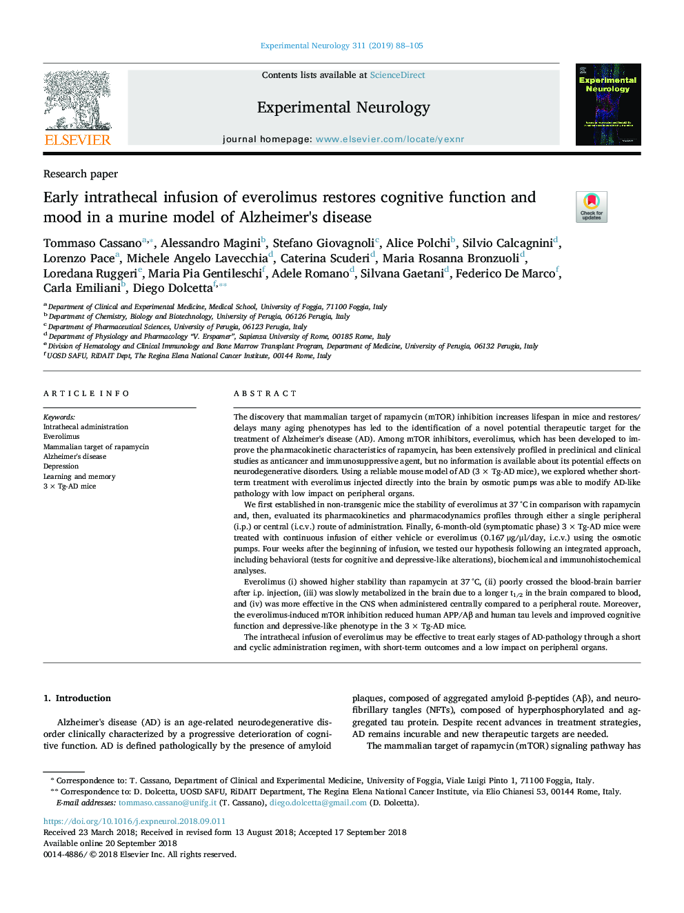 Early intrathecal infusion of everolimus restores cognitive function and mood in a murine model of Alzheimer's disease