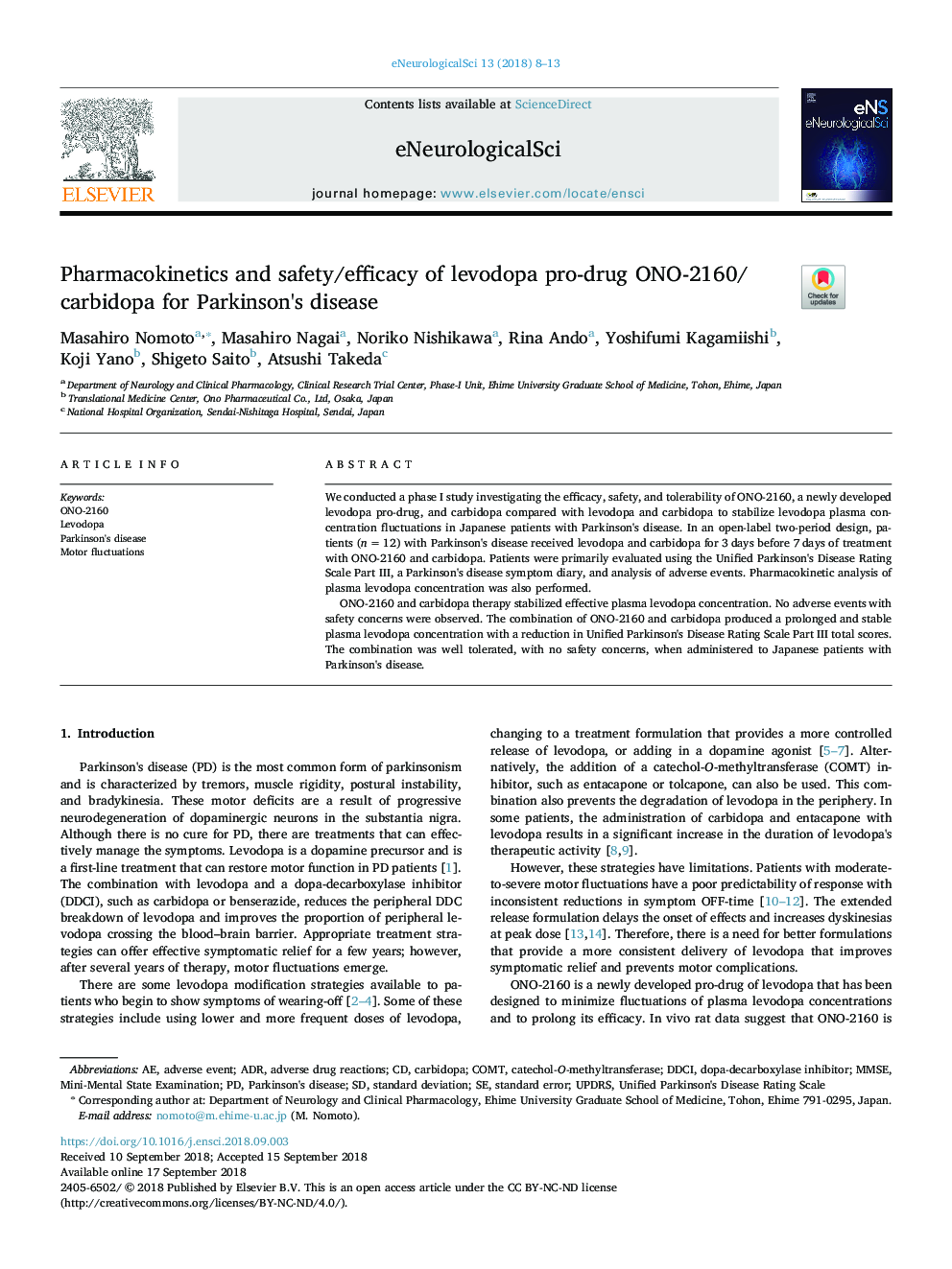 Pharmacokinetics and safety/efficacy of levodopa pro-drug ONO-2160/carbidopa for Parkinson's disease