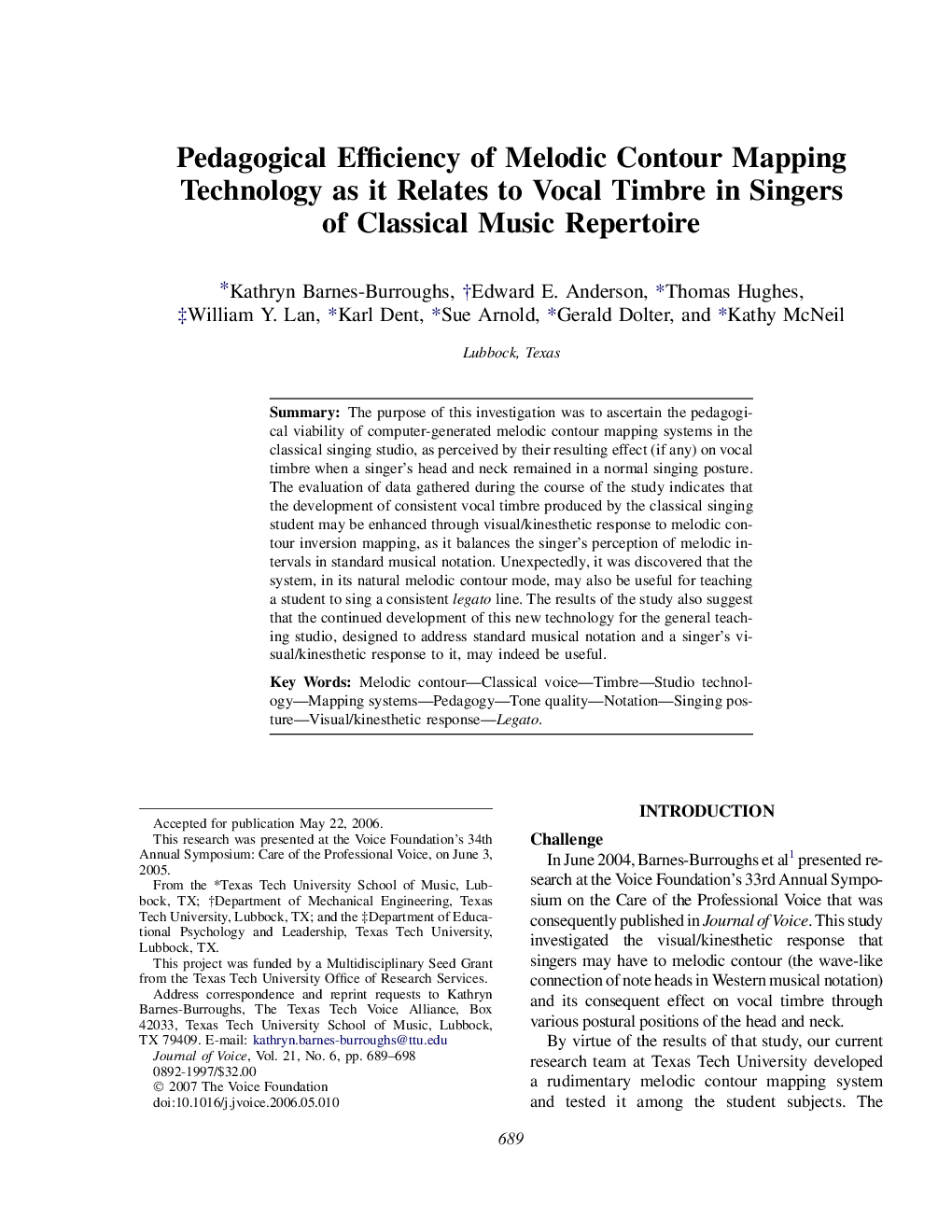 Pedagogical Efficiency of Melodic Contour Mapping Technology as it Relates to Vocal Timbre in Singers of Classical Music Repertoire 