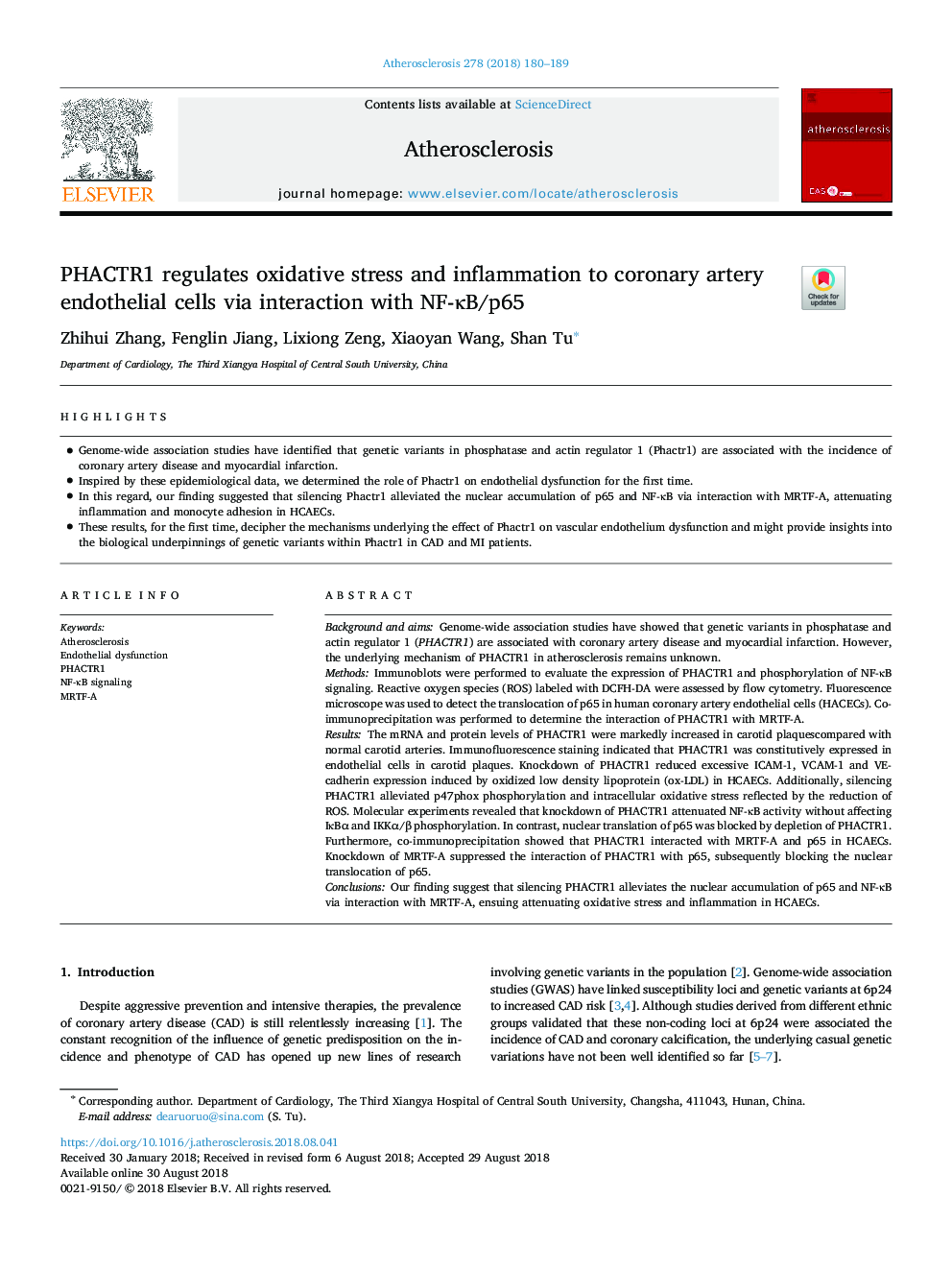 PHACTR1 regulates oxidative stress and inflammation to coronary artery endothelial cells via interaction with NF-ÎºB/p65